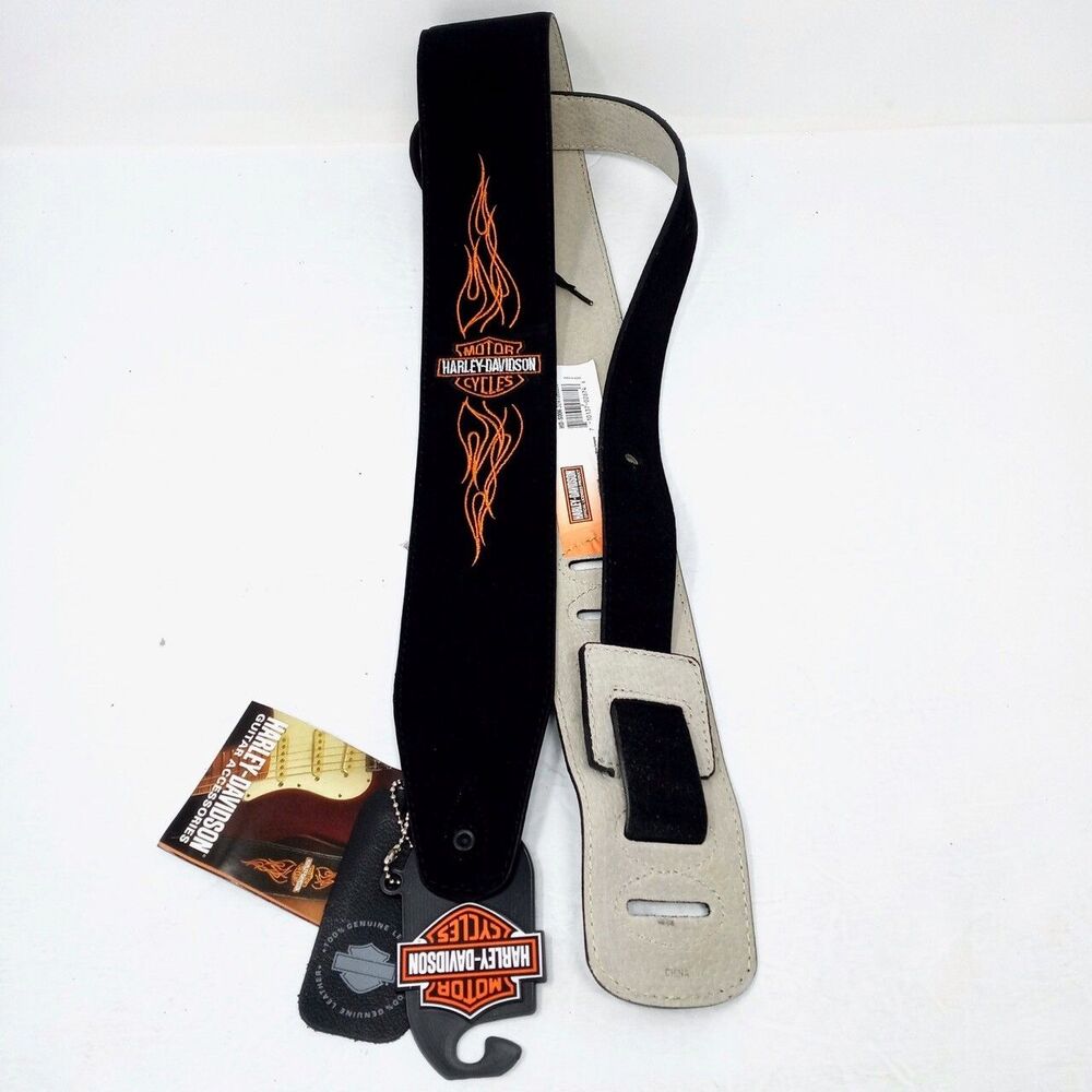 NWT Harley Davidson Guitar Strap Black Suede Leather Embroidered Orange Flames